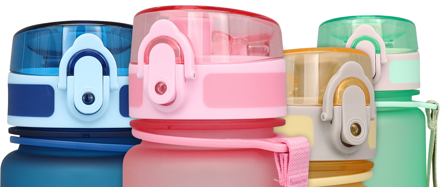 Trinkflaschen für Kinder, die 100% auslaufsicher sind. In 4 tollen Farben